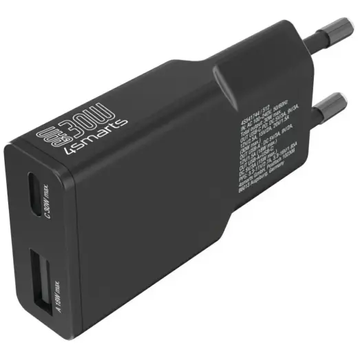 Зарядное устройство 4smarts FlatPlug Duos | 30W | GaN | USB-C, USB-A | чёрное