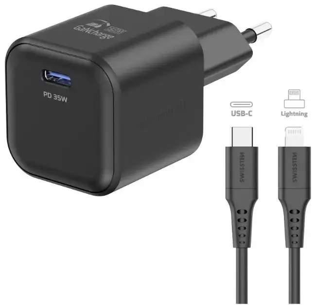 Swissten GaN USB-C 35W PD зарядное устройство | 35W | GaN, PD | USB-C, Lightning | с USB-C на Lightning кабелем