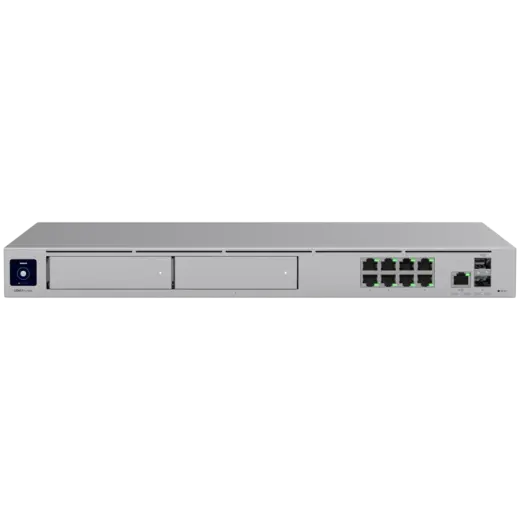 Ubiquiti rack-mount Cloud Gateway with 10 Gbps performance, multi-WAN load balancing, and two NVR drive bays designed for large-scale, multi-application UniFi sites