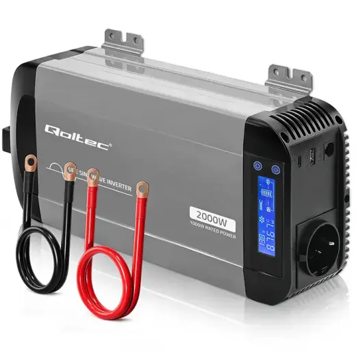 Qoltec Pure Sine Wave Inverter | 12V to 230V | 1000/2000W | LCD | USB | USC-C | Compatible with LiFePO4 GEL AGM