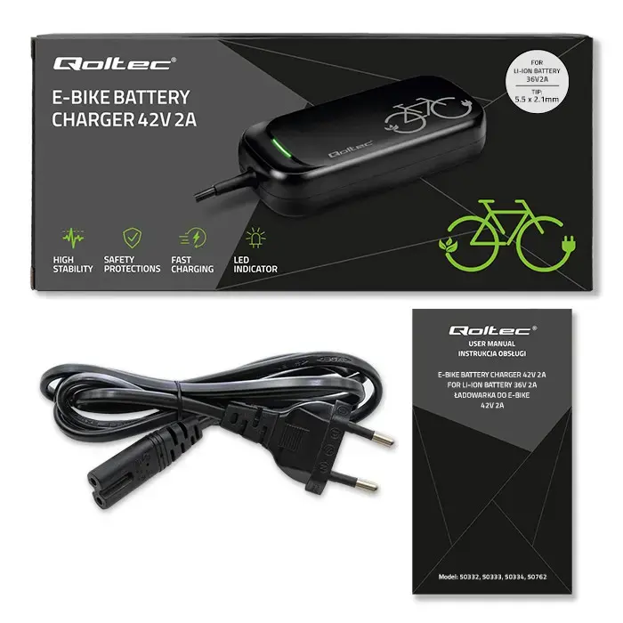 Qoltec Fast Charger for e-bike, electric scooter 36V | 42V | 2A | 5.5*2.1 | water resistant + power cable