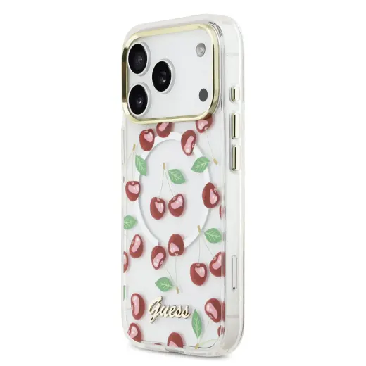 Guess IML Glitter Cherry maciņš ar MagSafe atbalstu telefonam iPhone 17 Pro ķiršu