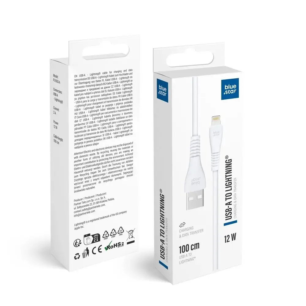 Blue Star PJ-DG5-A datu pārraides un uzlādes vads | USB-A uz Lightning | 12W | 1m | balts