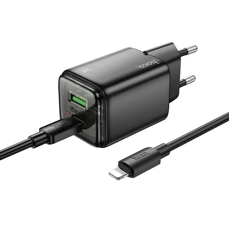HOCO N52 tīkla lādētājs | 20W | PD, QC | USB-C, USB-A | ar USB-C uz Lightning vadu komplektā | melns