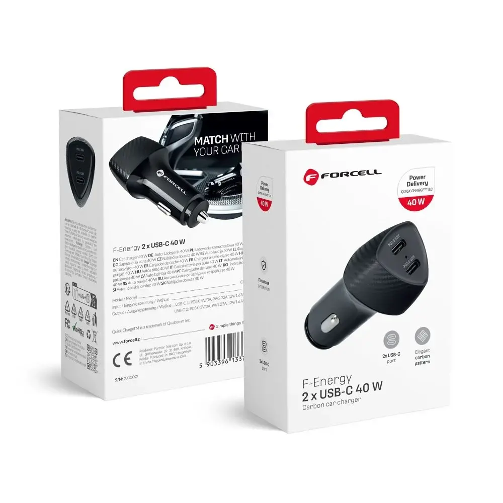 Forcell F-Energy Carbon CC50-2C auto lādētājs | 20W | PD, QC | USB-C | melns