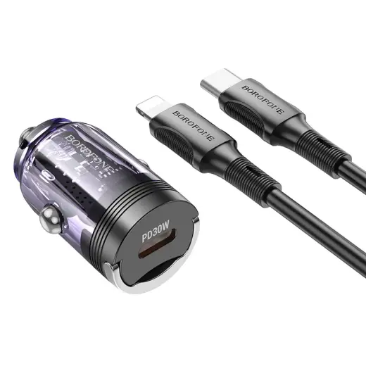 Borofone BZ29 Ray car charger | 30W | PD, QC | USB-C, Lightning | with Type-C to Lightning cable included | transparent-purple