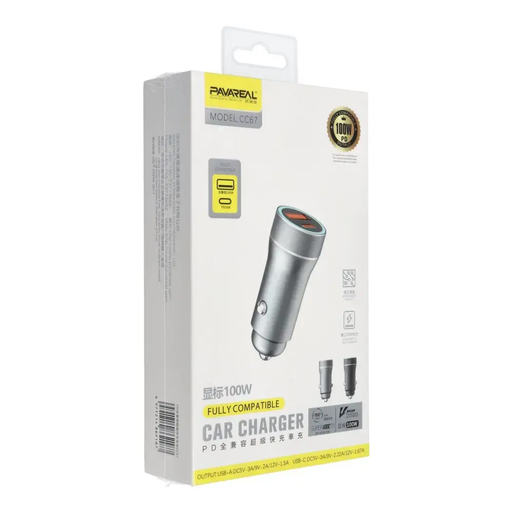 Pavareal car charger Type C (USB-C) PD 20W + USB 3A gray