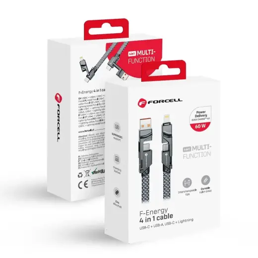 Forcell F-Energy C241 4-in-1 duomenų perdavimo ir įkrovimo laidas | USB-C į USB-A, USB-C, Lightning | QC, PD | 60W | 1m | sidabrinis