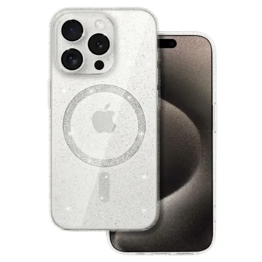 Glitter telefono dėklas su MagSafe palaikymu iPhone 15 skaidrus