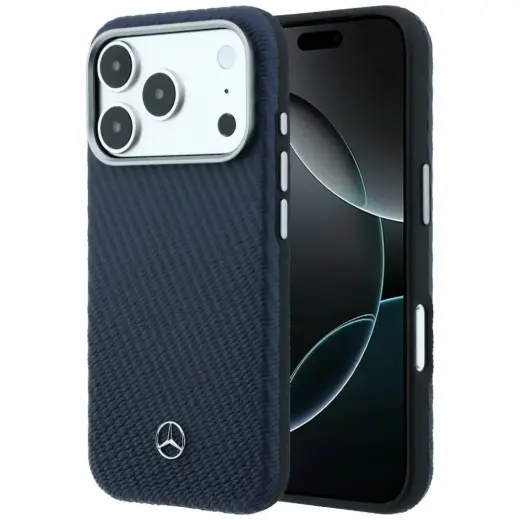 Mercedes Leather Semi Wrap Wood Effect telefono dėklas su MagSafe palaikymu iPhone 17 Pro tamsiai mėlynas