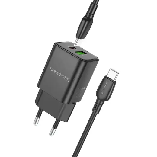Borofone BN14 tīkla lādētājs | 30W | QC3.0, PD | USB-A, USB-C | USB-C uz USB-C vads komplektā | melns