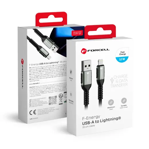 Forcell F-Energy C257 duomenų perdavimo ir įkrovimo laidas | USB-A į Lightning | 12W | 0.25m | juodas