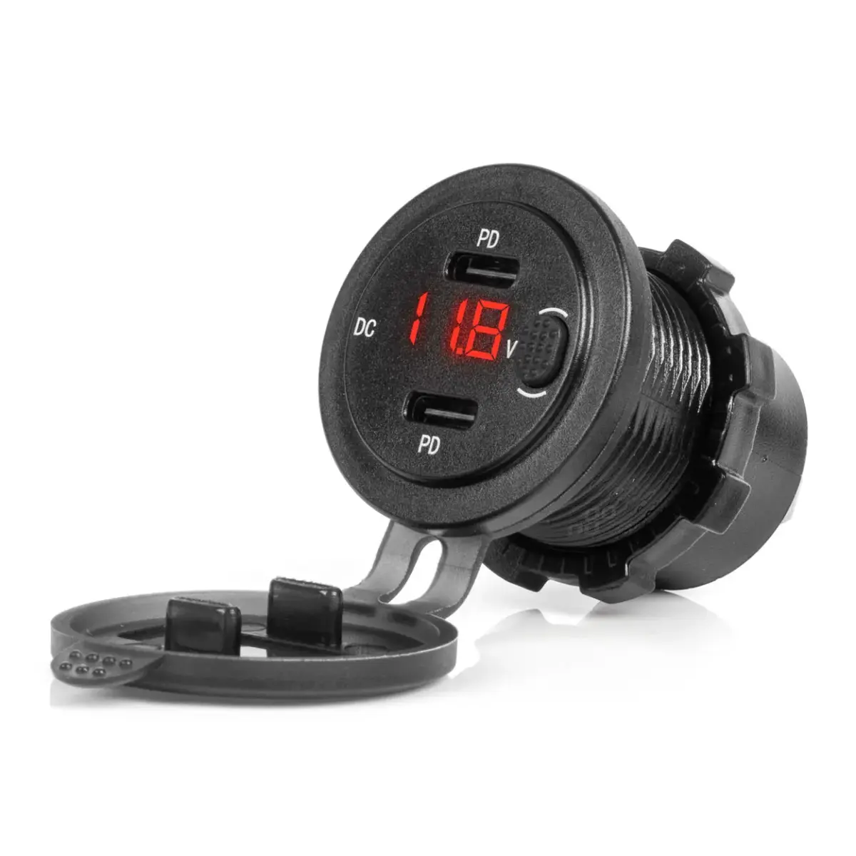 Waterproof Phone Charger with Switch RED LED Indicator Digital Voltometer 2xUSB C 12/24V AMIO-04226