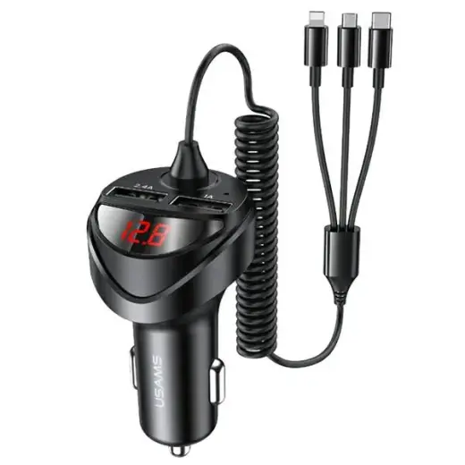 USAMS C22 car charger | 24W | 2xUSB-A, USB-C, Lightning, Micro USB | with USB-A to USB-C cable included | black