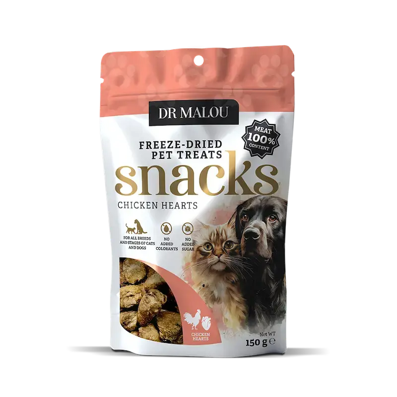 Gardumi suņiem un kaķiem - DR Malou, Freeze-dried hearts for dogs and cats 100% chicken hearts 150g