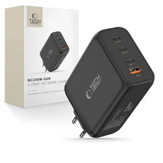 Tech-Protect NC240W-GaN reisilaadija | 240W | PD, QC, GaN | USB-C, USB-A | must