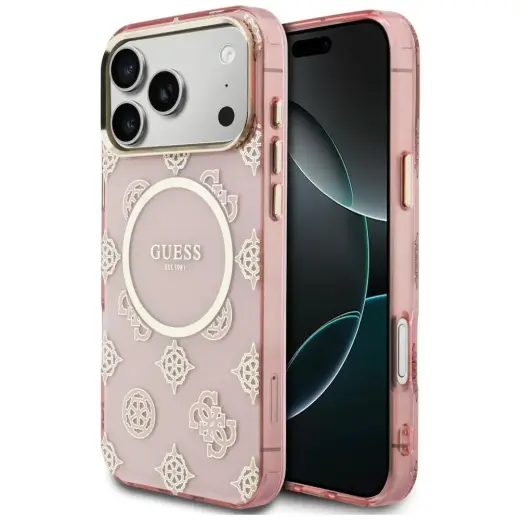 Guess IML Peony Dot telefoni ümbris MagSafe toega iPhone 17 Pro Max roosa