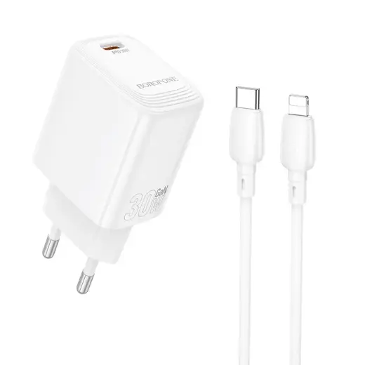 Borofone Wall charger BN28 Fuente - Type C - PD 30W with Type C to Lightning cable white