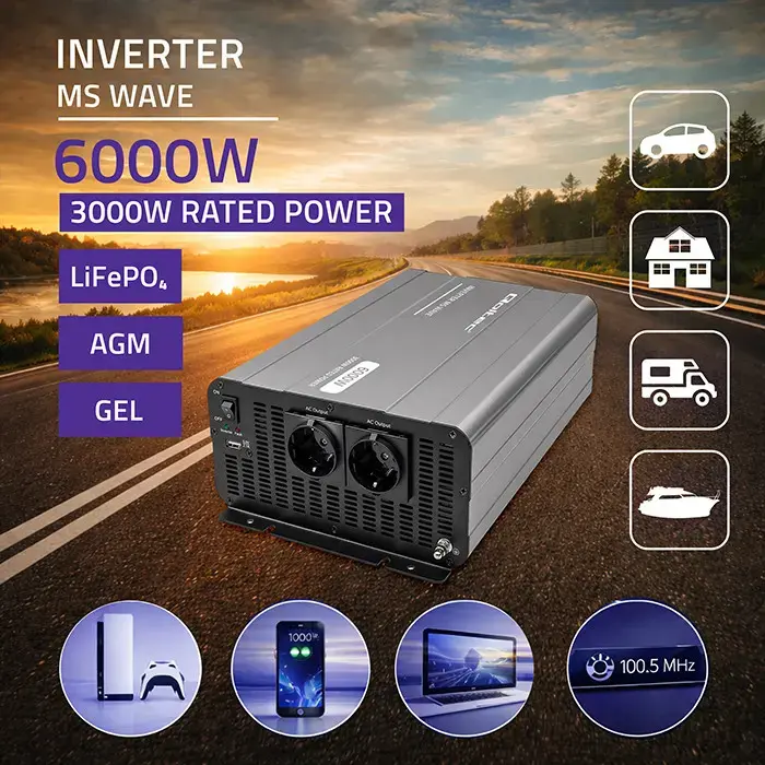 Qoltec MS Wave Voltage Converter | 12V to 230V | 3000/6000W | USB | Compatible with LiFePO4, GEL and AGM batteries