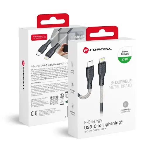 Forcell F-Energy CB-01C duomenų perdavimo ir įkrovimo laidas | USB-C į Lightning | PD | 27W | 1m | juodas