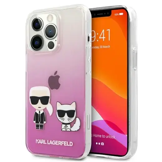 KLHCP13LCKTRP Karl Lagerfeld PC|TPU Ikonik Karl and Choupette Case for iPhone 13 Pro Pink