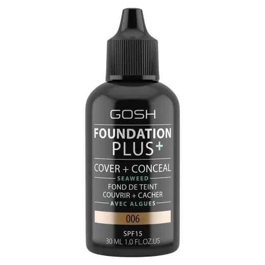 Gosh, Foundation Plus+, Cover & Conceal, Liquid Foundation, 006, Honey, SPF15, 30 ml