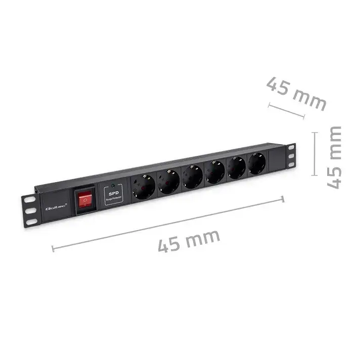 Qoltec Aluminium Power strip for RACK 19'' | 1U | 16A | PDU | 6xSCHUKO | 1.8m