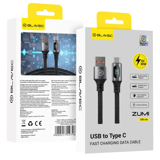 Blavec Zumi CZU-UC3B10 duomenų perdavimo ir įkrovimo laidas | USB-A į USB-C | QC | 30W | su LED ekranu | 1m | juodas