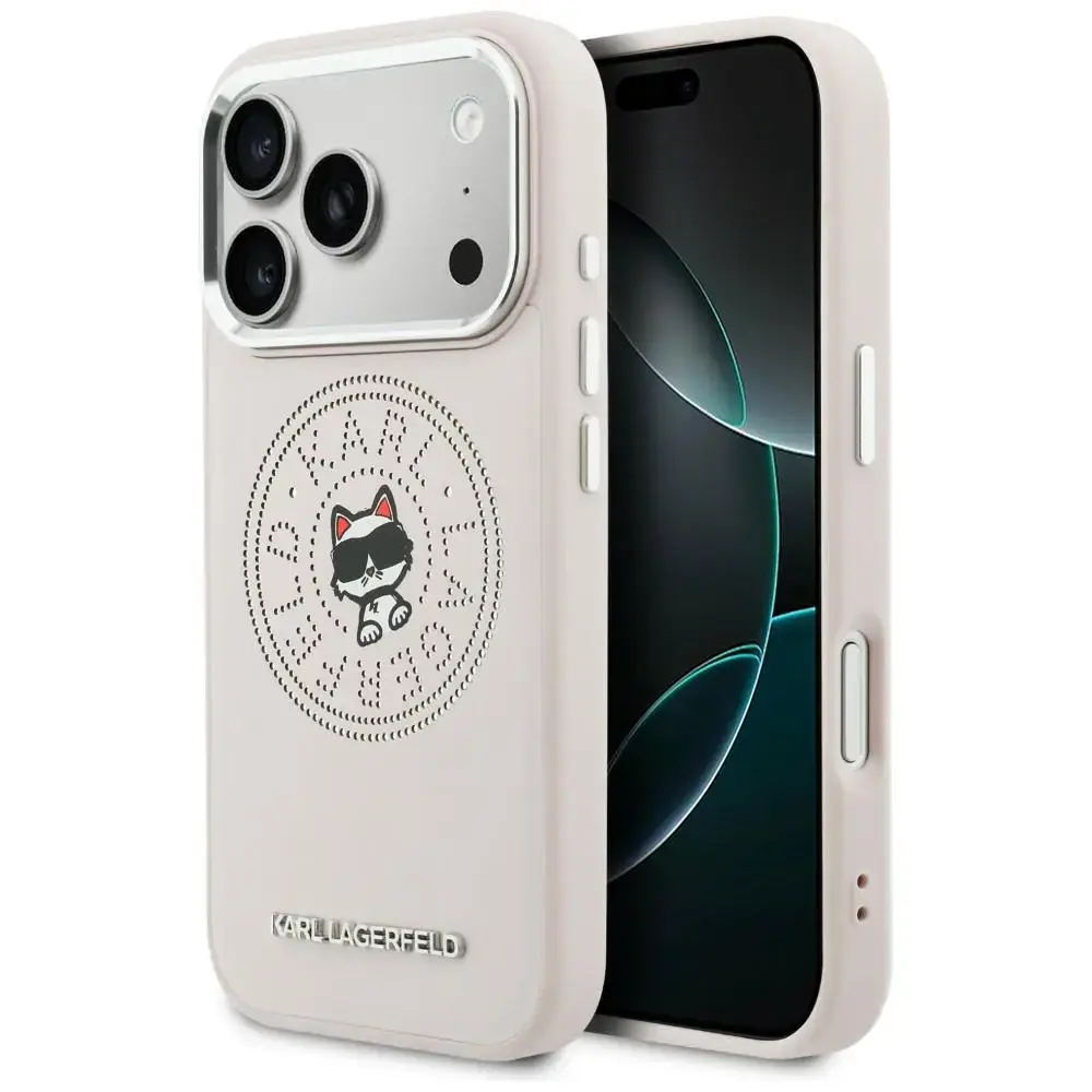 Karl Lagerfeld Point & Choupette Sketch maciņš ar MagSafe atbalstu telefonam iPhone 17 Pro Max rozā