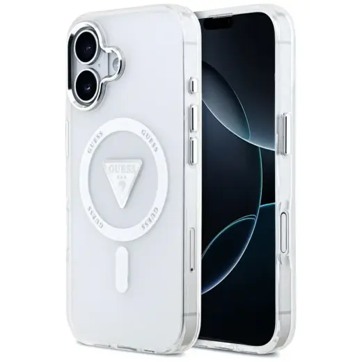 Guess IML Gradient Case With Print Triangle Logo & Silver Metal Camera Buttons telefoni ümbris MagSafe toega iPhone 17 läbipaistev