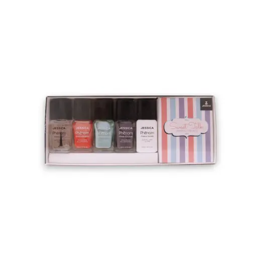 Sweet Talk Set Jessica: Phenom Vivid Colour, Nail Polish, PHEN-079, U Had Me At Hello, 14 ml + Phenom Vivid Colour, Nail Polish, PHEN-080, Smooth Talker, 14 ml + Phenom Vivid Colour, Top Coat, Nail Polish, PHEN-000, Finale Shine, 15 ml + Phenom Vivid Colour, Nail Polish, PHEN-081, Tell Me More, 14 ml + Phenom Vivid Colour, Base Coat, Nail Polish, Finale Shine, 15 ml