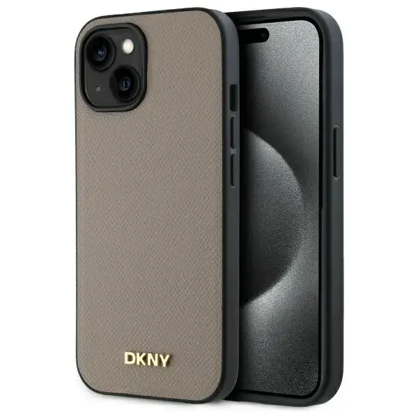 DKNY DKHMP15SPGHLME iPhone 15 6.1"        beżowy|beige hardcase Grained Metal Logo MagSafe