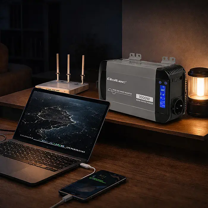 Qoltec Pure Sine Wave Inverter | 12V to 230V | 500/1000W | LCD | USB | USC-C | Compatible with LiFePO4 GEL AGM