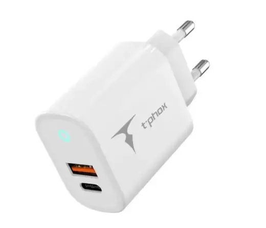T-Phox Glory tīkla lādētājs | 45W | GaN, PD, QC | USB-C, USB-A | balts