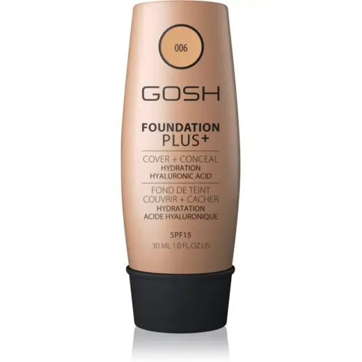 Gosh, Foundation Plus+, Cover & Conceal, Liquid Foundation, 006, Honey, SPF 15, 30 ml