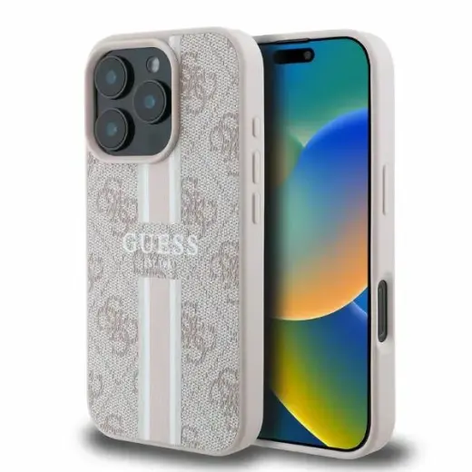 Guess GUHMP16XP4RPSP 4G Printed Stripes maciņš ar MagSafe atbalstu telefonam iPhone 16 Pro Max rozā