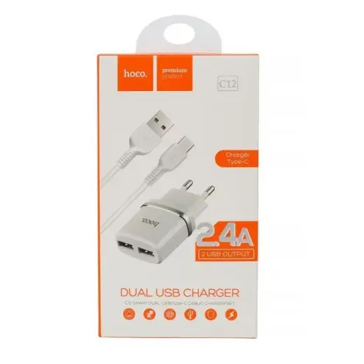 Hoco Premium Smart C12 Universāls Tīkla Lādētājs 2.4A 2 x USB + Type-C Vads Balts