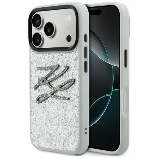 Karl Lagerfeld IML Glitter KL Diamond Logo maciņš telefonam iPhone 17 Pro sudraba krāsā
