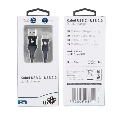 Cable USB 3.0-USB C 2m PREMIUM 3A black TPE