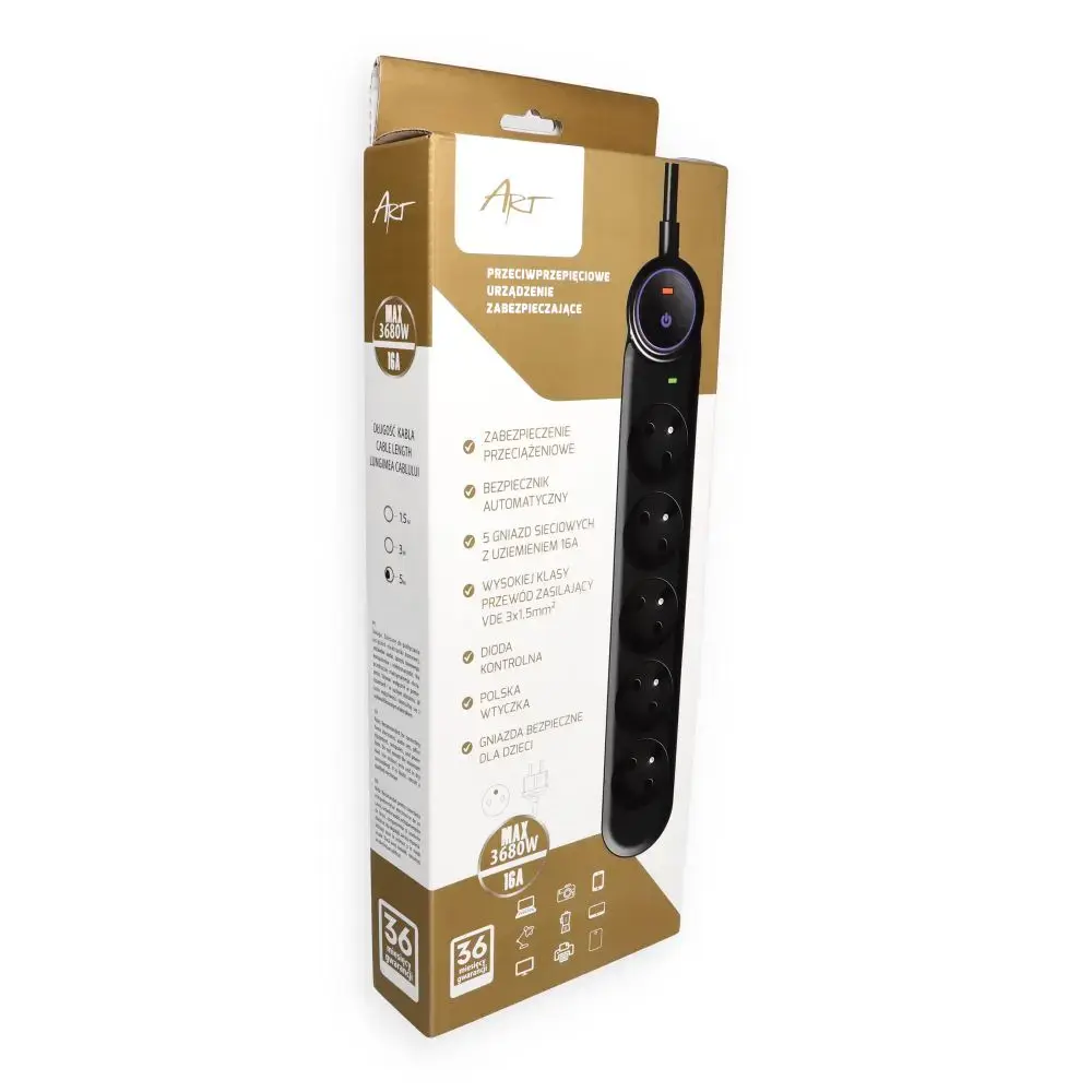 Extension cord 5 sockets Art F2115 5 m black