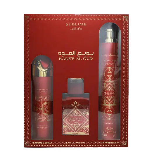 Set Lattafa: Bade'e Al Oud Sublime, Eau De Parfum, For Men, 100 ml + Bade'e Al Oud Sublime, Scented Spray, For Men, 200 ml + Bade'e Al Oud Sublime, Room Air Freshener, 300 ml