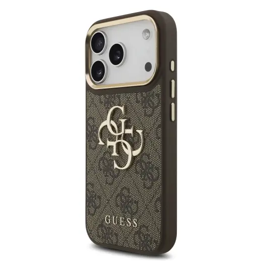 Guess PU Leather 4G Metal Logo Gold Frame telefono dėklas iPhone 18 Pro rudas