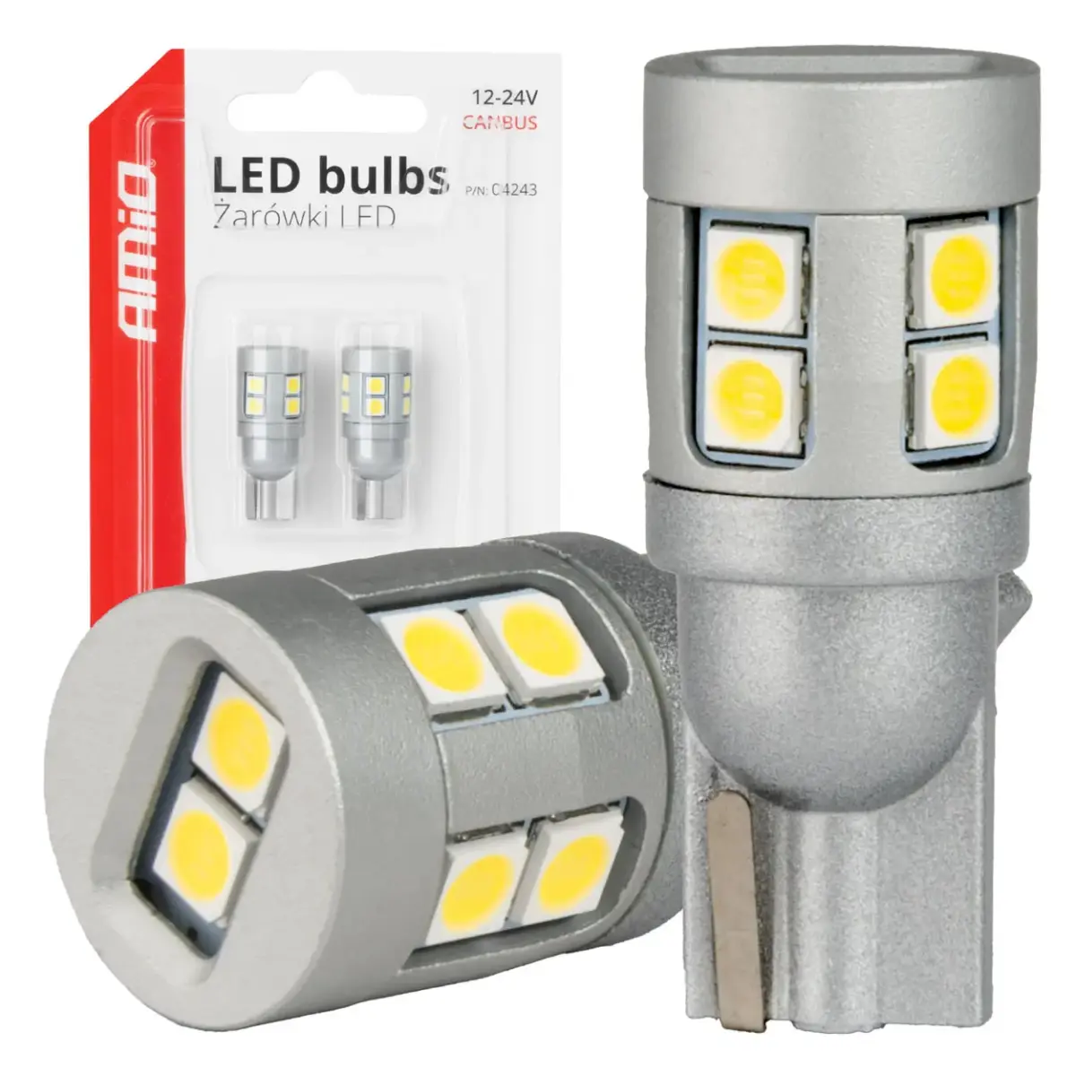 LED bulbs CANBUS T10 W5W 12 SMD 3030 White 12V 24V AMIO-04243
