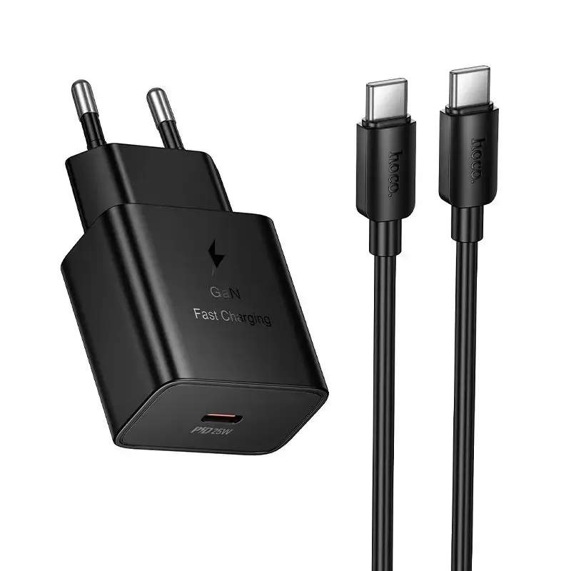 HOCO N76 tīkla lādētājs | 25W | PD, QC | USB-C | ar USB-C uz USB-C vadu komplektā | melns