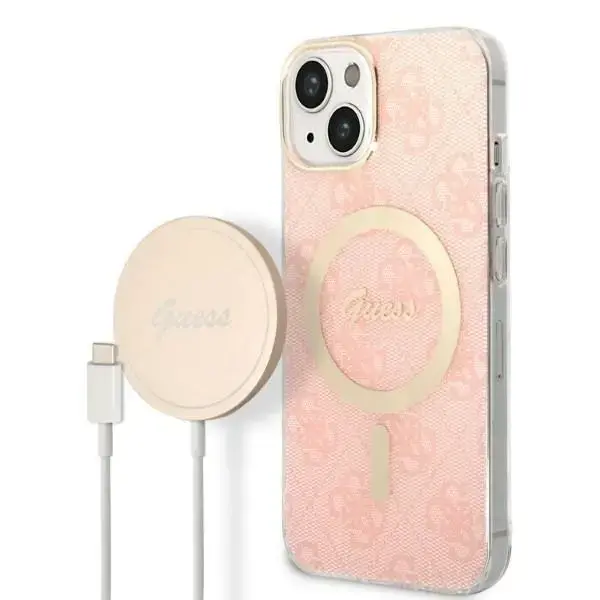 Zestaw Guess GUBPP14SH4EACSP Case+  Charger iPhone 14 | 15 | 13 6,1" różowy|pink hard case 4G Print MagSafe