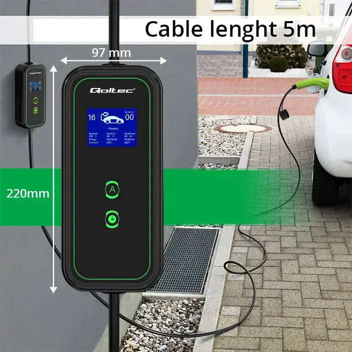 Qoltec Mobile charger for EV 2-in-1 Type2 | 3.5kW | 230V | SCHUKO 16A | LCD | Portable | Wallbox | 5m