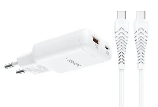 Phone charger USB A + Type C PD 65W + data cable Type C to C 100W VEGER TR122 white