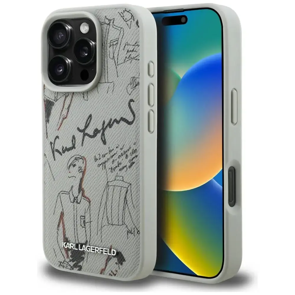 Karl Lagerfeld Grained Pattern & Logo maciņš ar MagSafe atbalstu telefonam iPhone 16 Pro Max pelēks