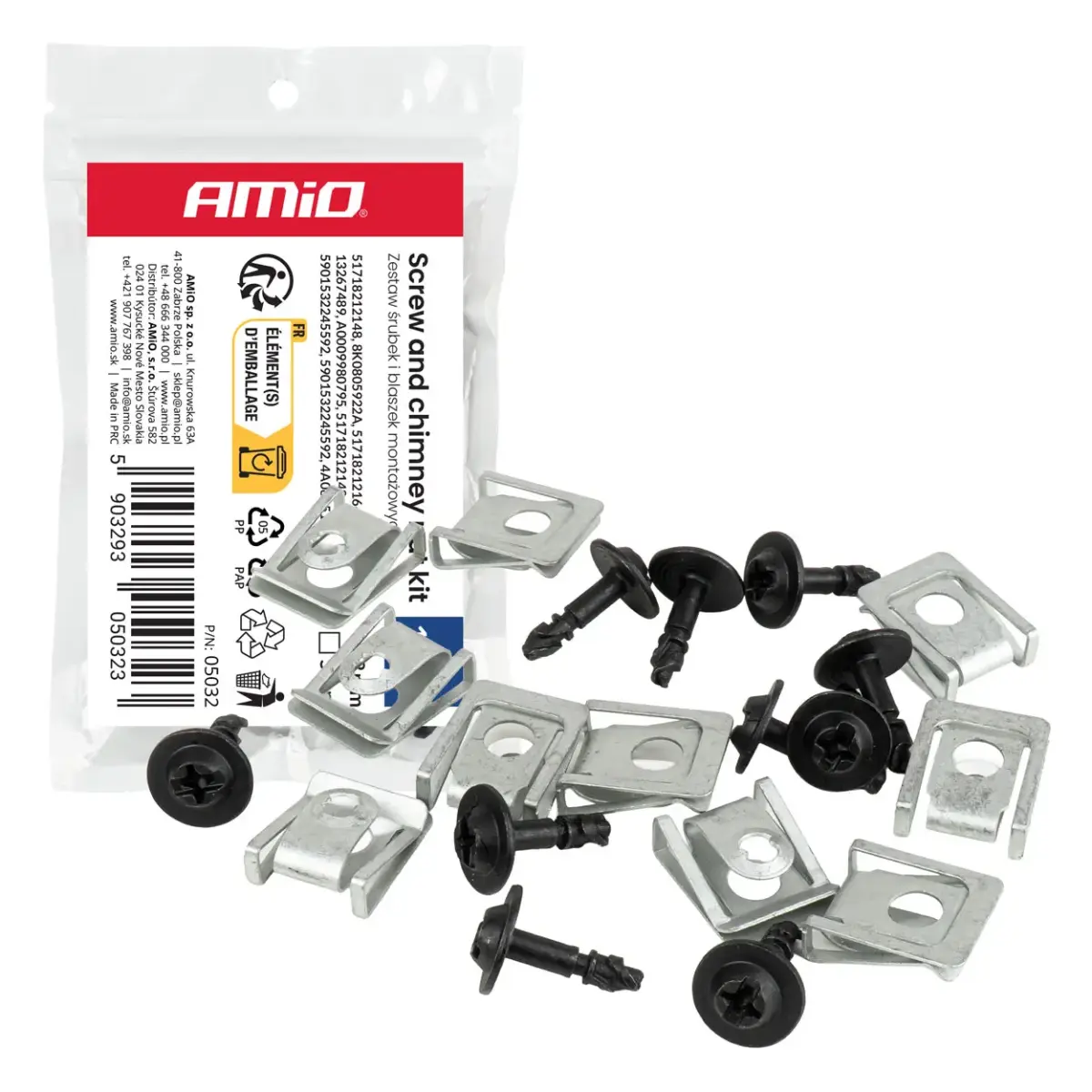 Screw and mounting clip set 18 mm ⌀ 5 mm, 10 sets AMIO-05032