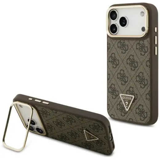 Case Guess 4G PU Triangle Logo & Stand Camera Magsafe for iPhone 17 Pro Max brown